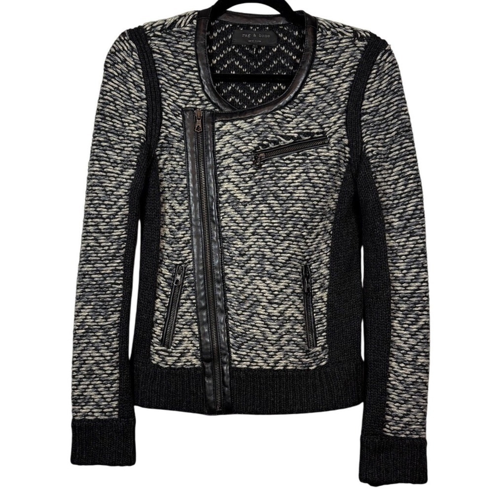 Rag & Bone Samantha Wool Chunky Knit Genuine Leather Moto Jacket, Size XS